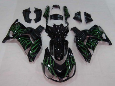 Carenado Moto Kawasaki ZX14R ZZR1400 2006-2011 - Negro Brillante Verde Llama