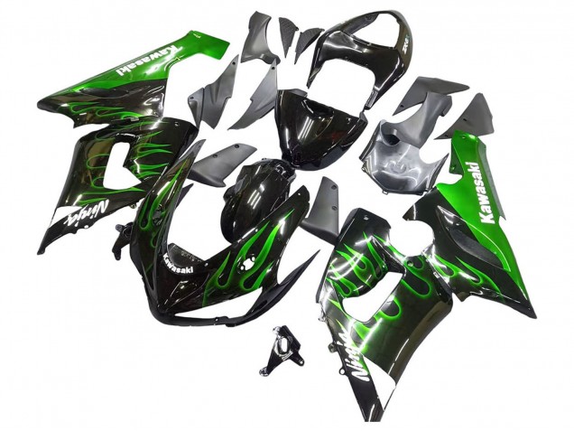 Carenado Moto Kawasaki ZX6R 2005-2006 - Negro Brillante Verde Llama