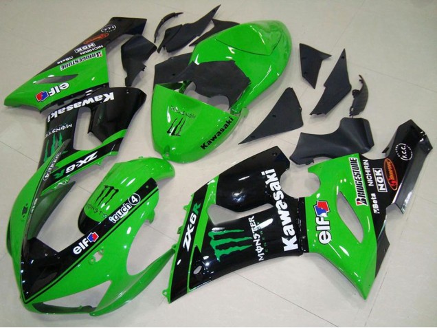 Carenados Moto Kawasaki ZX6R 2005-2006 - Verde Negro Brillante Elf Monstruo